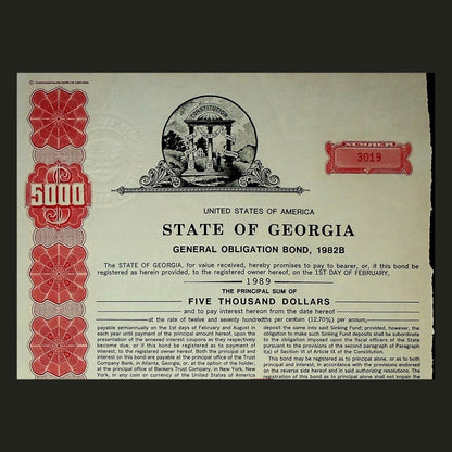 State of Georgia Bond Certificate from 1982