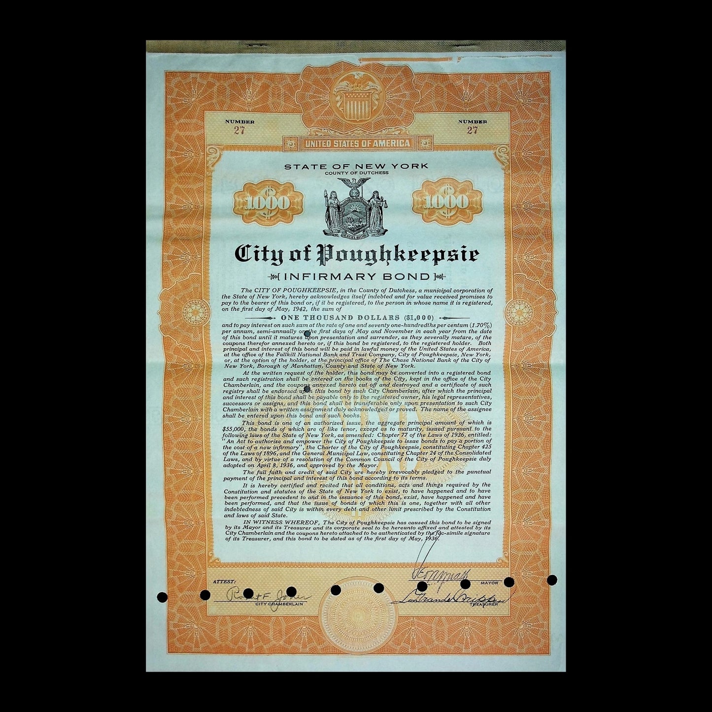 City of Poughkeepsie New York Bond from 1920 -1930s