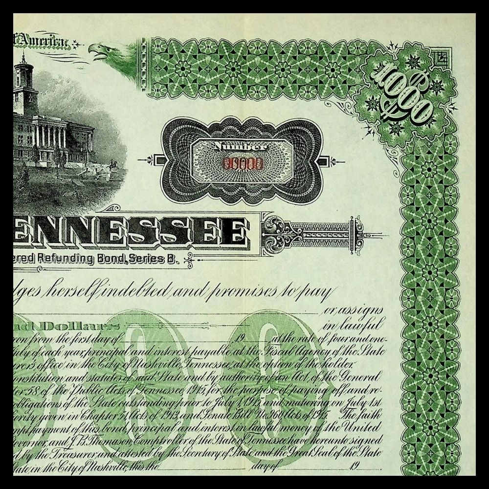 State of Tennessee Specimen Bond Certificate 1940s with State Capitol Building