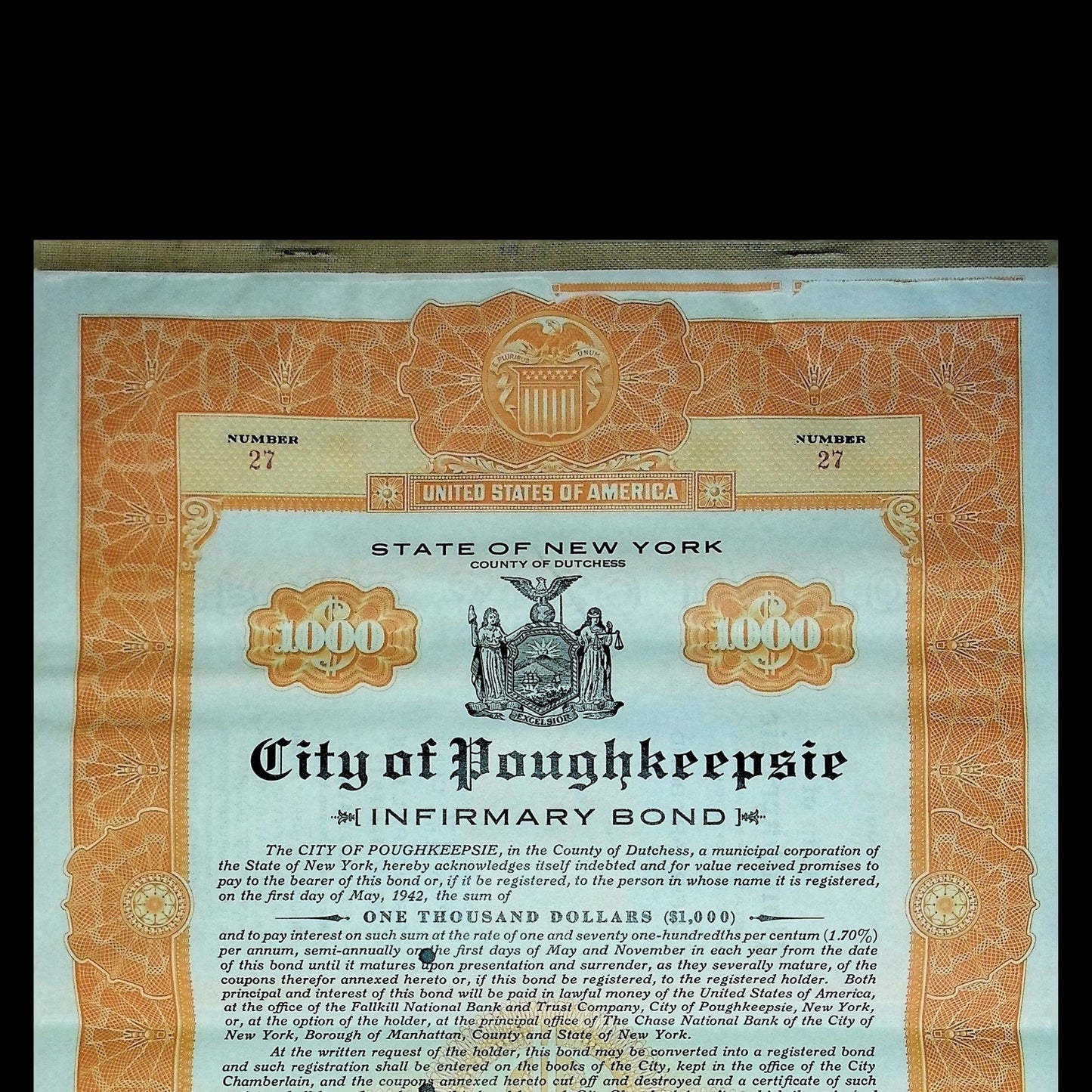 City of Poughkeepsie New York Bond from 1920 -1930s
