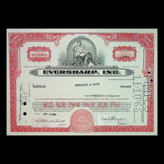 Eversharp Inc (Mechanical Pencils) Stock Certificate from 1960s