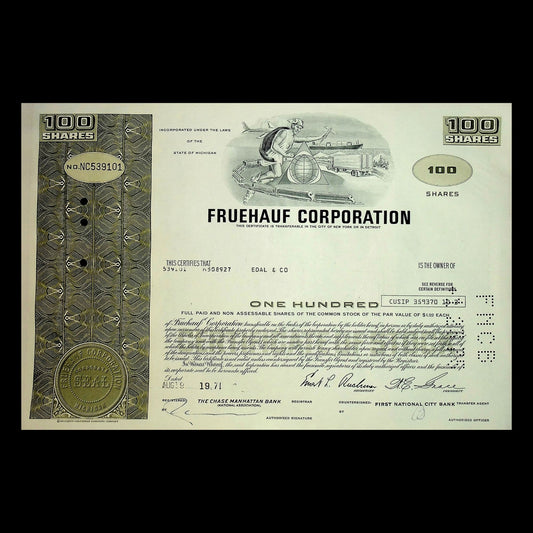 Fruehauf Corporation (invented the Shipping container and Semi-trailer) Stock Certificate