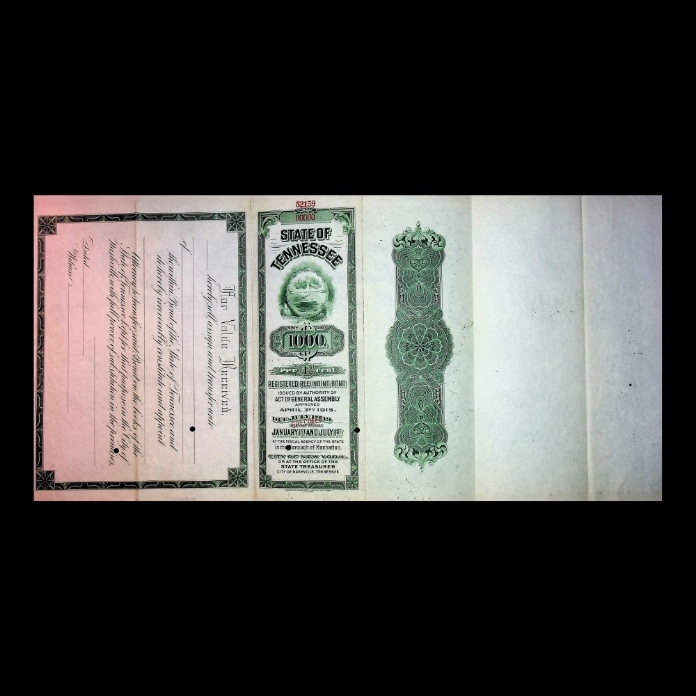 State of Tennessee Specimen Bond Certificate 1940s with State Capitol Building