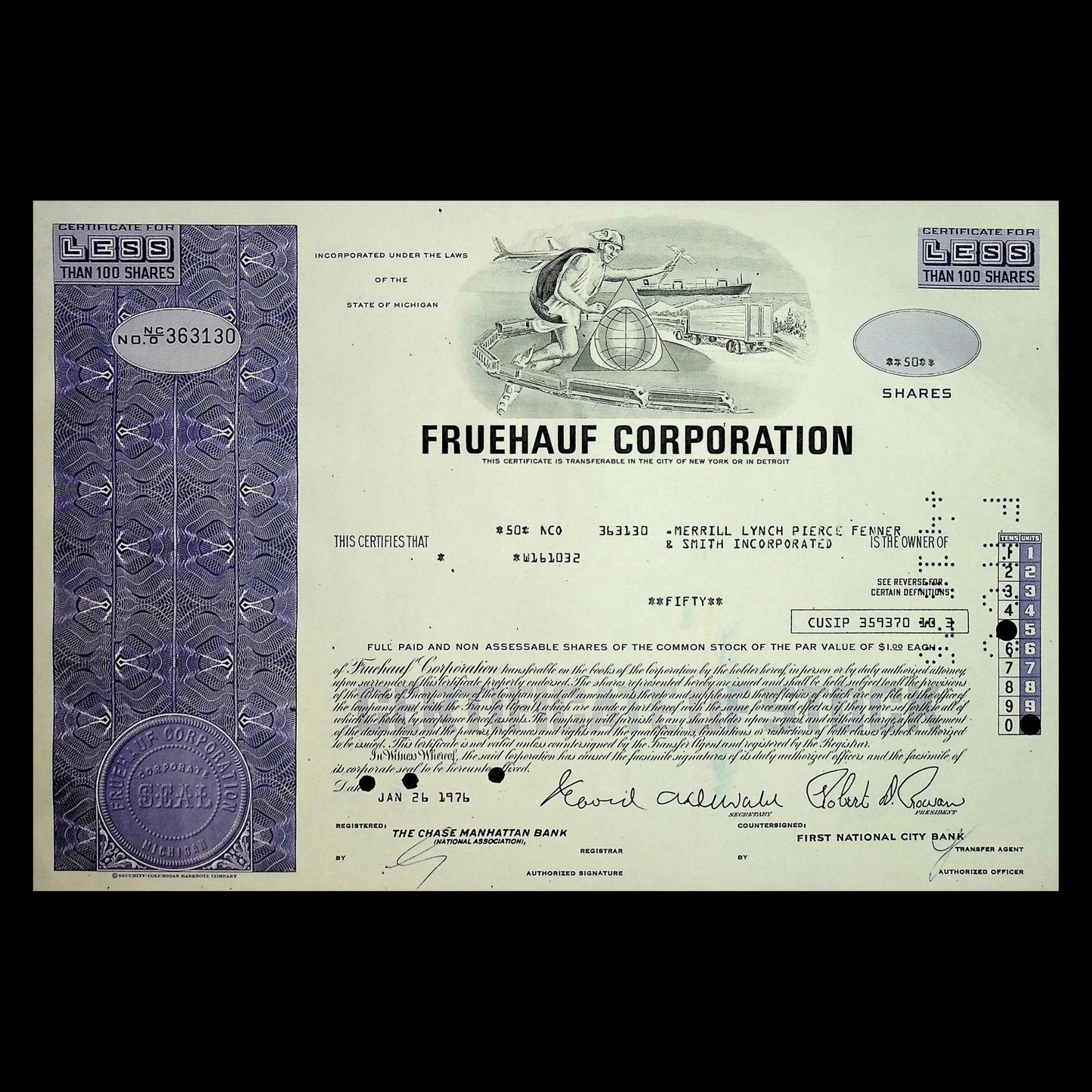 Fruehauf Corporation (invented the Shipping container and Semi-trailer) Stock Certificate