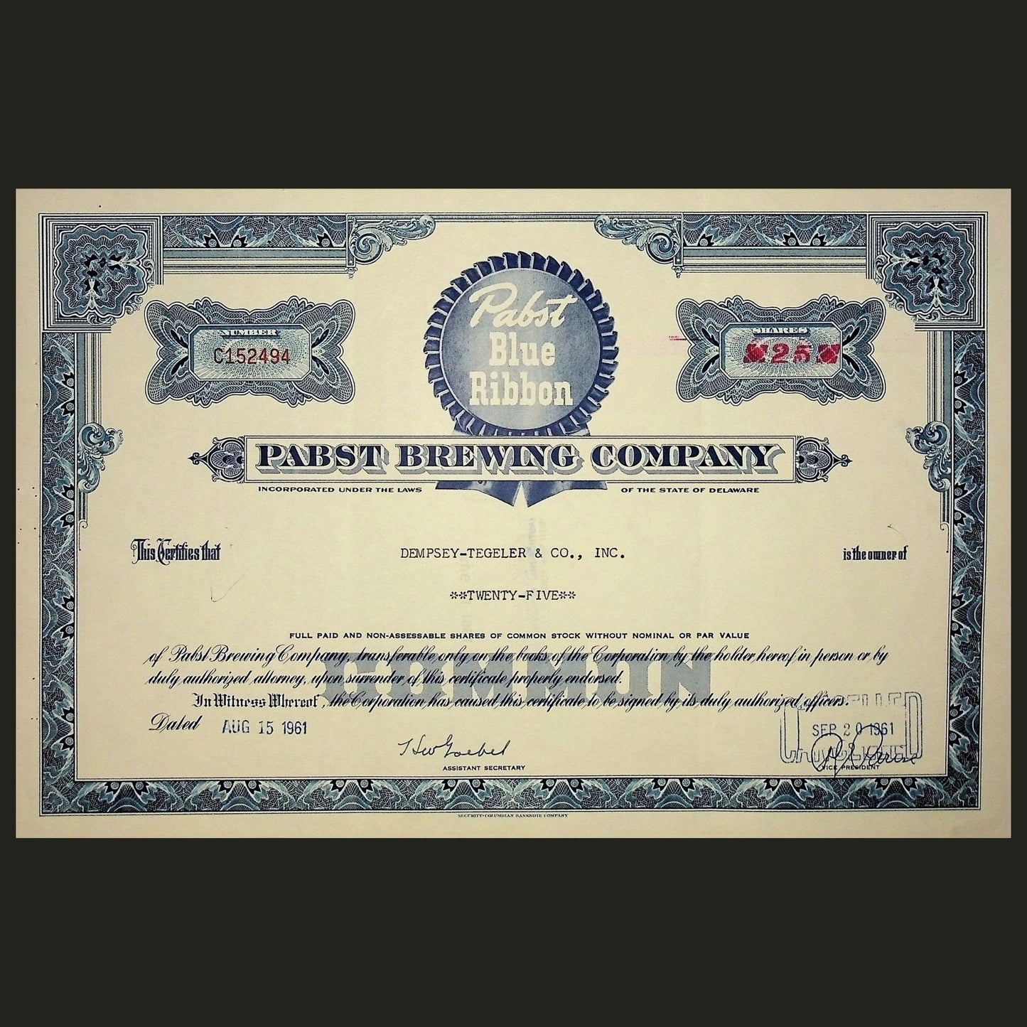 Pabst Brewing Company Stock Certificate from 1961