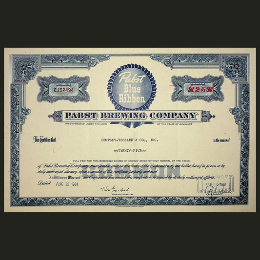 Pabst Brewing Company Stock Certificate from 1961