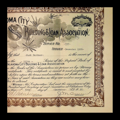 Oklahoma City Building & Loan Association Stock Certificates from 1923
