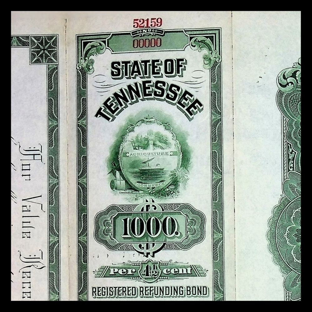 State of Tennessee Specimen Bond Certificate 1940s with State Capitol Building