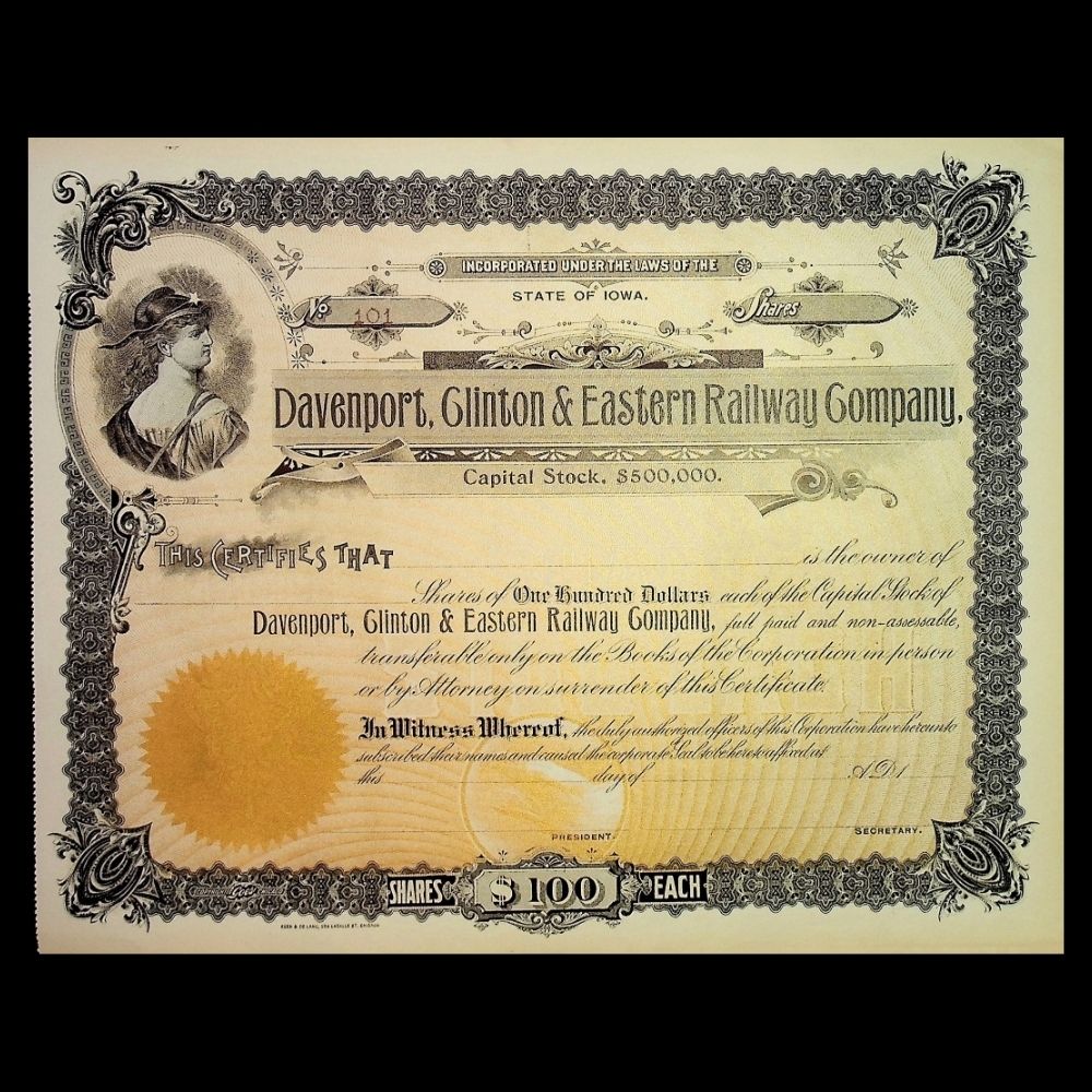 Vintage stock certificate for Davenport, Clinton & Eastern Railway Company with decorative elements.