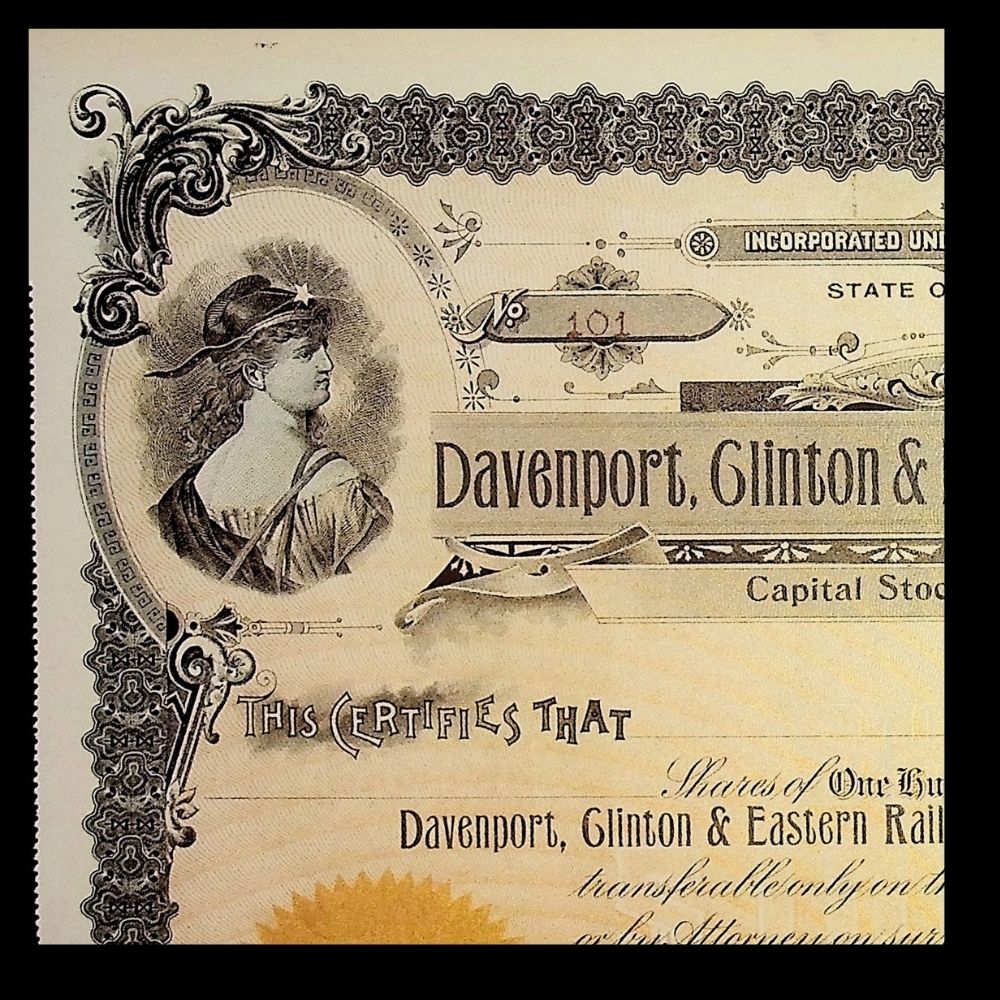 Davenport, Clinton, and Eastern Railway Company Unissued Stock Certificate 1800s
