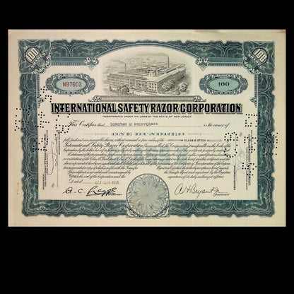 International Safety Razor Corporation Stock Certificate from 1950s