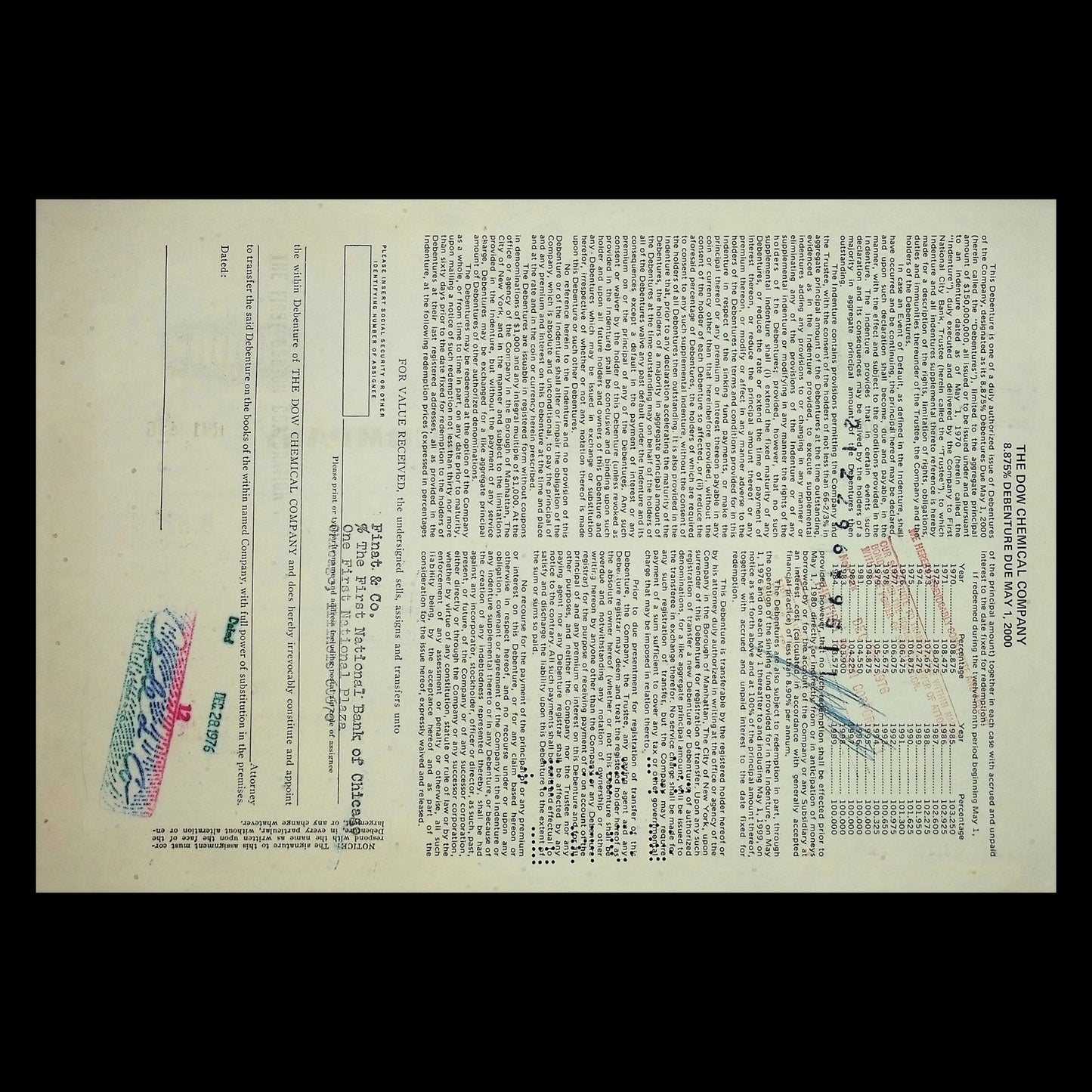 The Dow Chemical Company Bond Certificate from 1970s