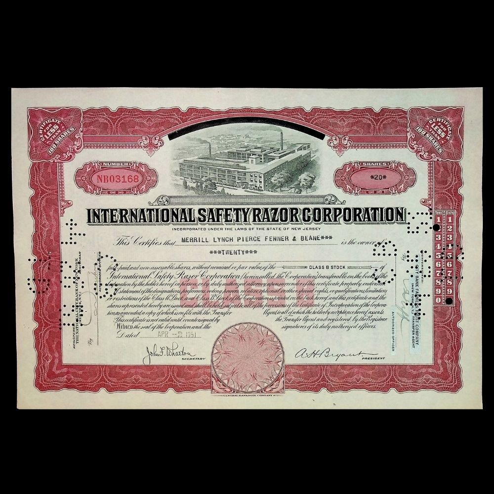 International Safety Razor Corporation Stock Certificate from 1950s