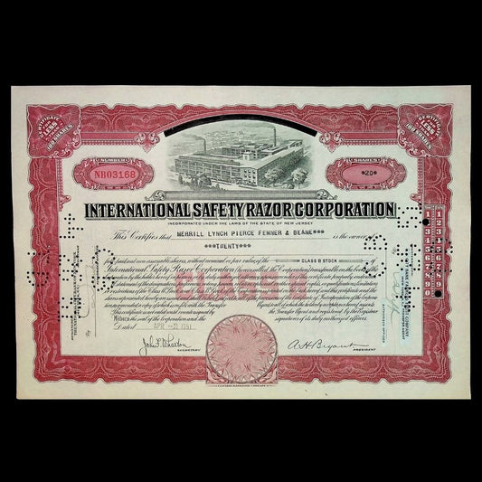 International Safety Razor Corporation Stock Certificate from 1950s