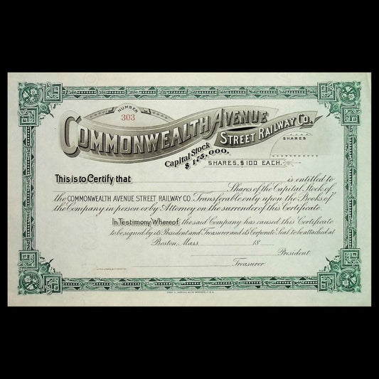 Commonwealth Avenue Street Railway Company (now MBTA) Unissued Stock Certificate from 1800s