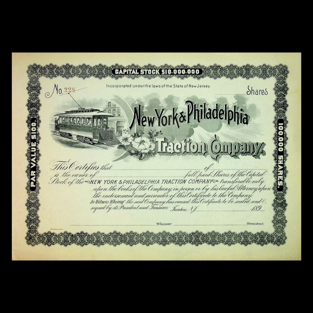 stock certificate for New York & Philadelphia Traction Company with tram illustration