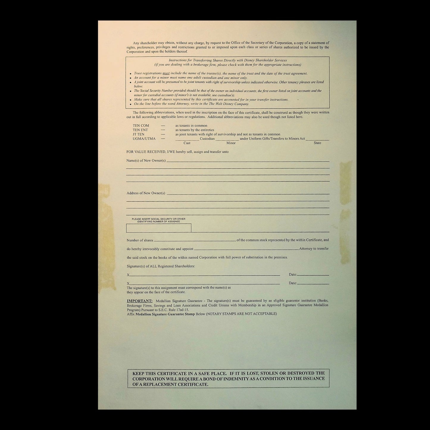 The Walt Disney Company Stock Certificates from 90s to 2000s ft Mickey Mouse and friends