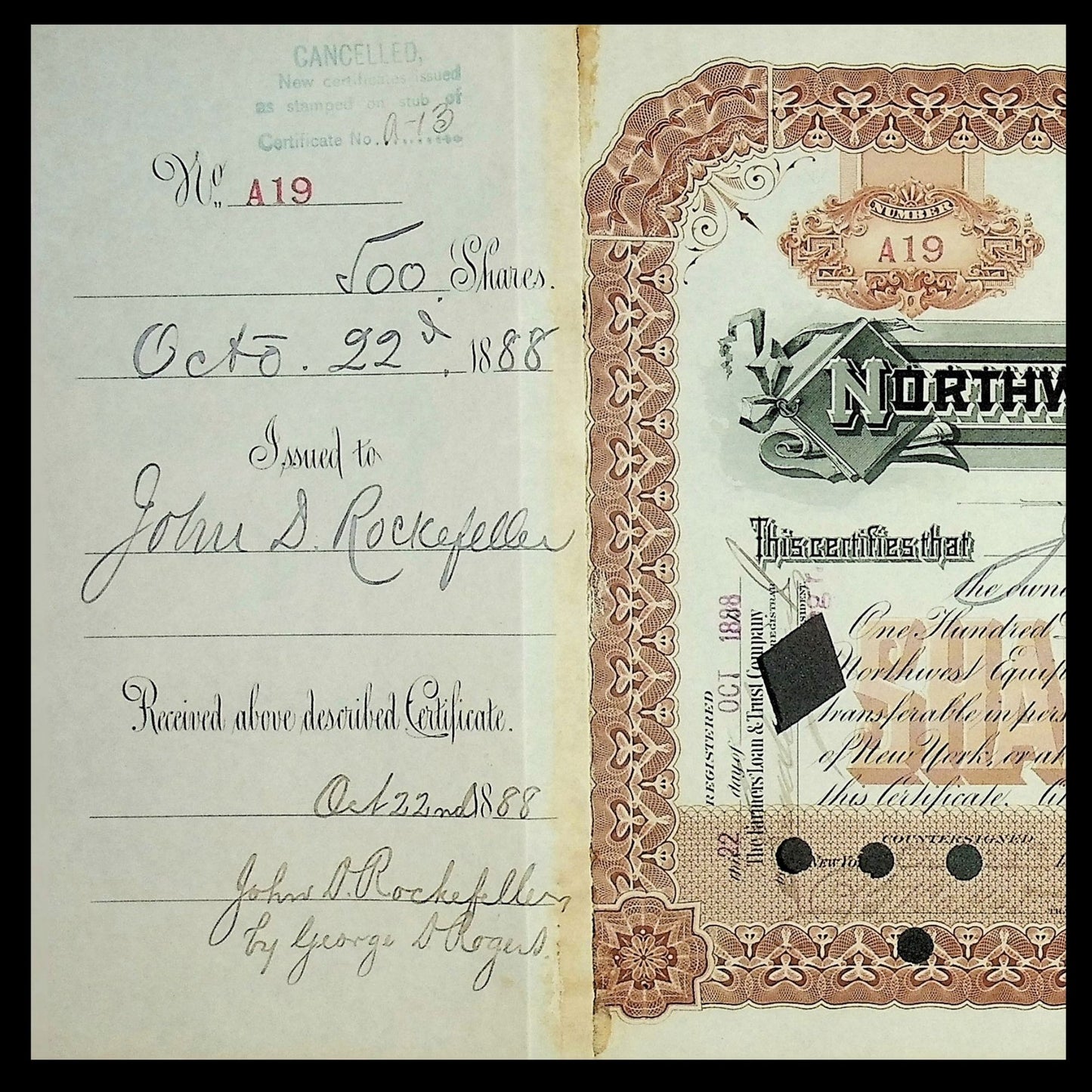 Signed by John D Rockefeller - Northwest Equipment Company Stock Certificate from 1888