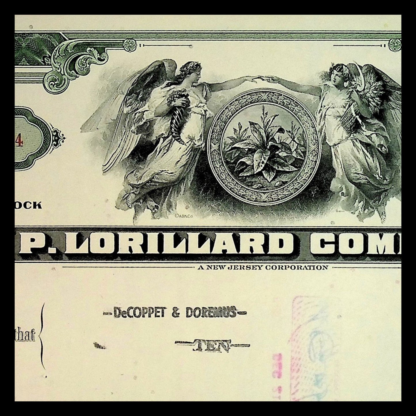 P. Lorillard Company (Tobacco & Cigarettes Kool, Newport, Old Gold) Stock Certificate from 1950s (Green)