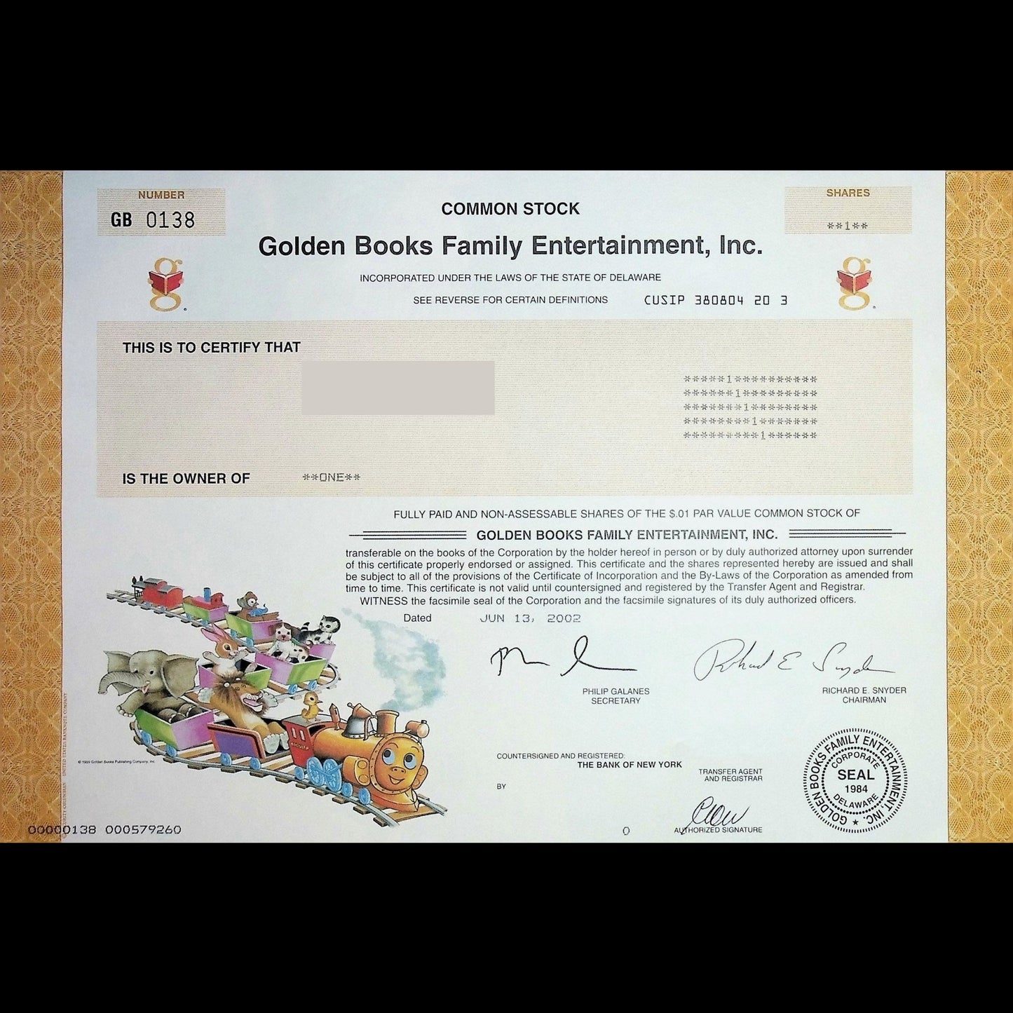 Golden Books Family Entertainment Stock Certificate from 2002 (dot com)