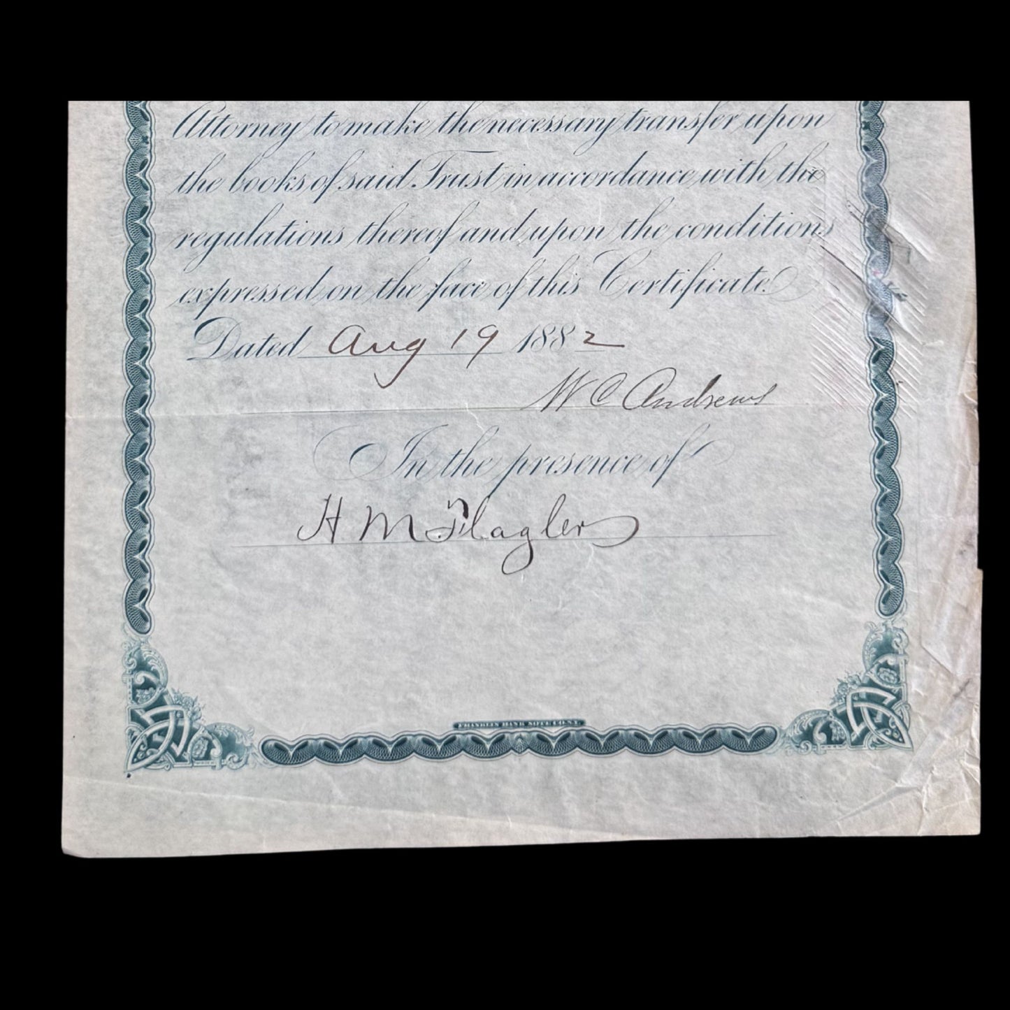 Standard Oil Trust Stock Certificate signed by John D Rockefeller and Henry Flagler from 1882