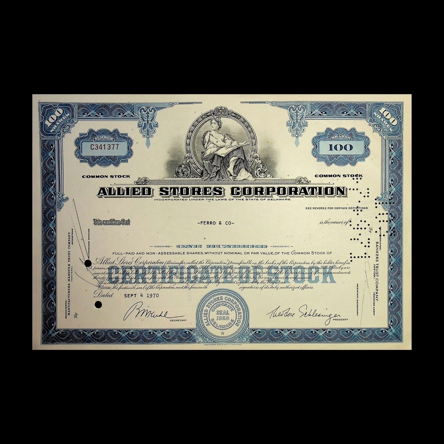 Allied Stores Corp (now Macy's) 1970 Stock Certificate