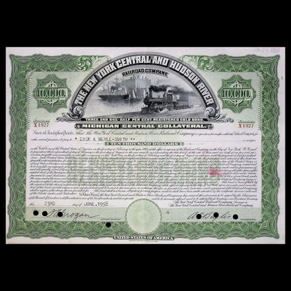 Large New York Central and Hudson River Railroad Company Bonds from 1950s (6 color options)