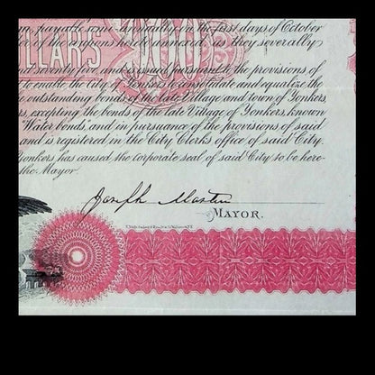 City of Yonkers Consolidation Bond from 1875 signed by Mayor Joseph Masten