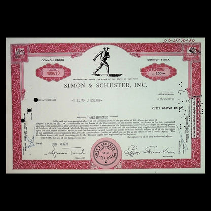 Simon & Schuster Inc (Book Publishers) Stock Certificate from 1970s