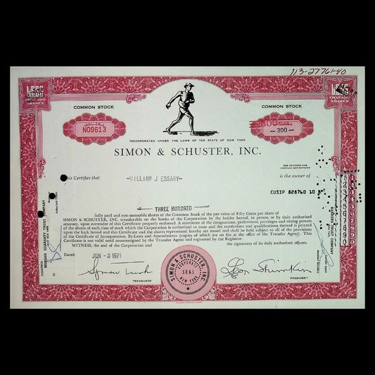Simon & Schuster Inc (Book Publishers) Stock Certificate from 1970s