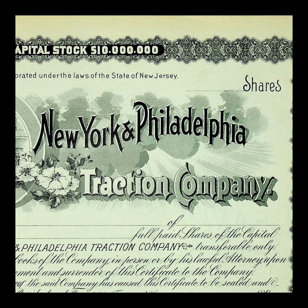 New York & Philadelphia Traction Company 1900s Unissued Stock Certificate