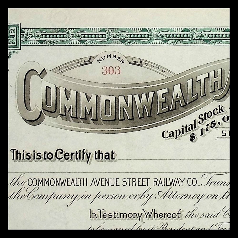 Commonwealth Avenue Street Railway Company (now MBTA) Unissued Stock Certificate from 1800s