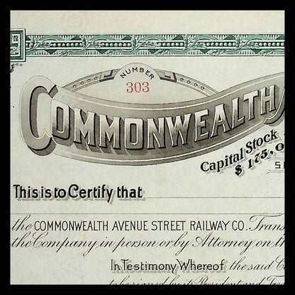 Commonwealth Avenue Street Railway Company (now MBTA) Unissued Stock Certificate from 1800s