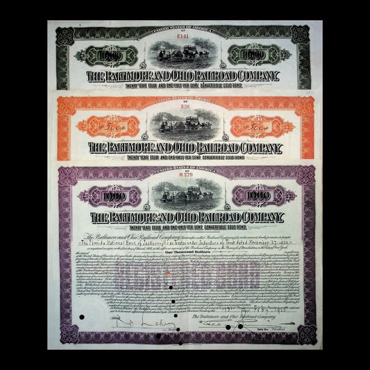 Baltimore & Ohio Railroad Gold Bond Certificates - 3x Combo Pack from 1913 - 1925