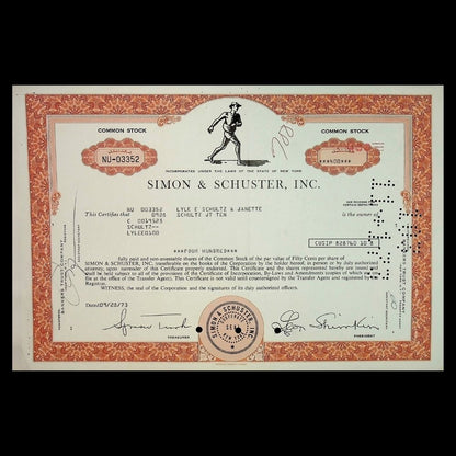 Simon & Schuster Inc (Book Publishers) Stock Certificate from 1970s