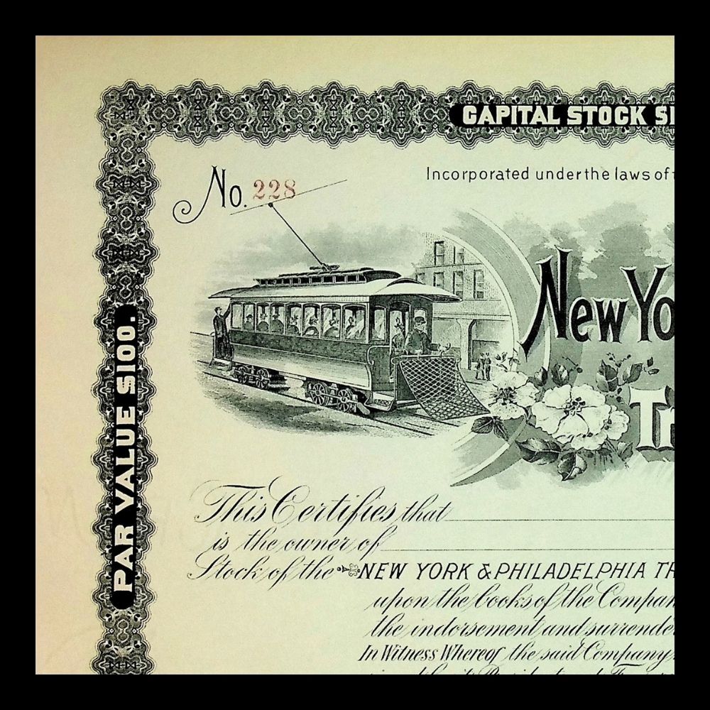 New York & Philadelphia Traction Company 1900s Unissued Stock Certificate