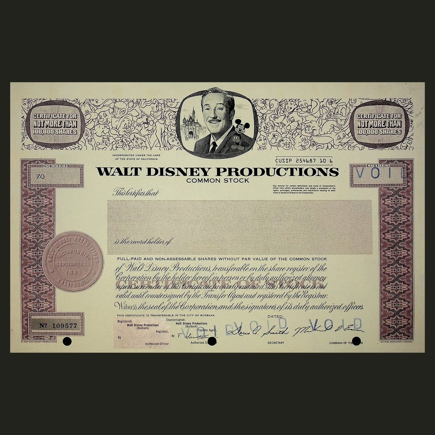 Walt Disney Productions Stock Certificate (Feat Walt & Mickey Mouse) from 1967 - Unissued