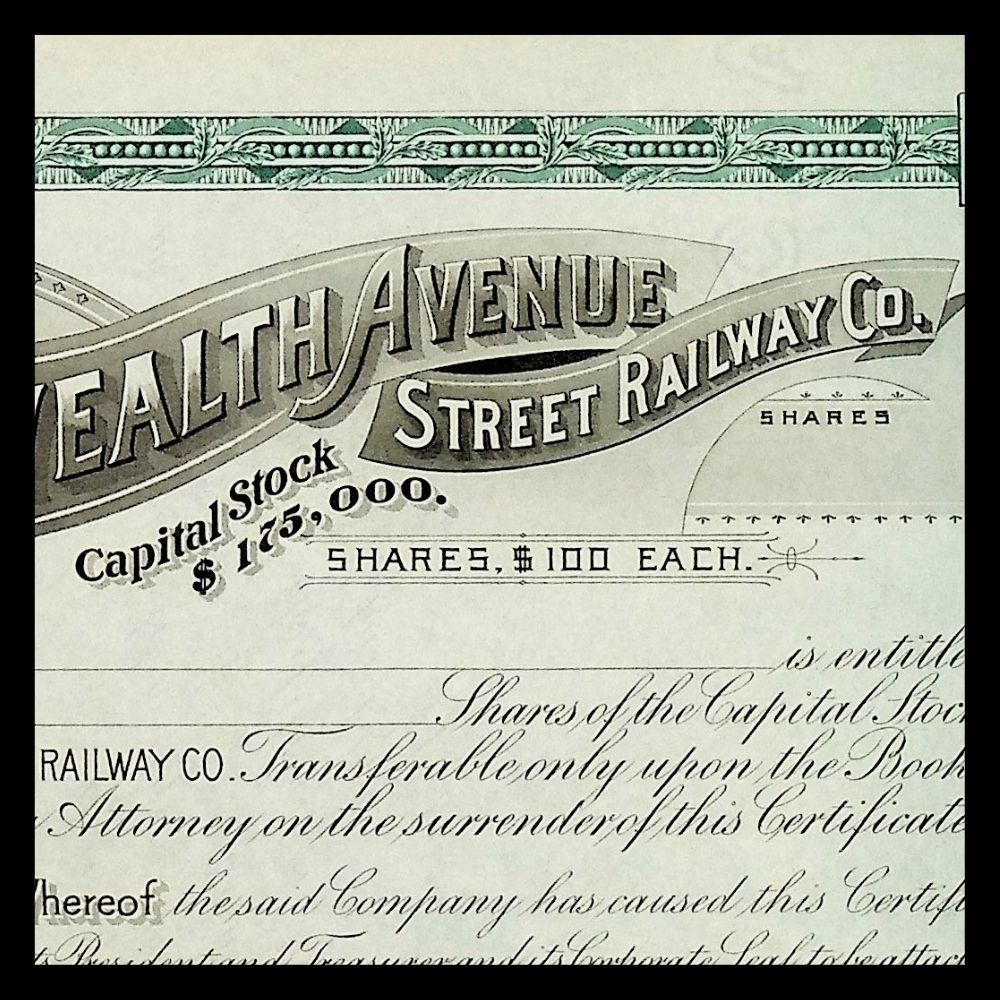 Commonwealth Avenue Street Railway Company (now MBTA) Unissued Stock Certificate from 1800s