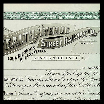 Commonwealth Avenue Street Railway Company (now MBTA) Unissued Stock Certificate from 1800s