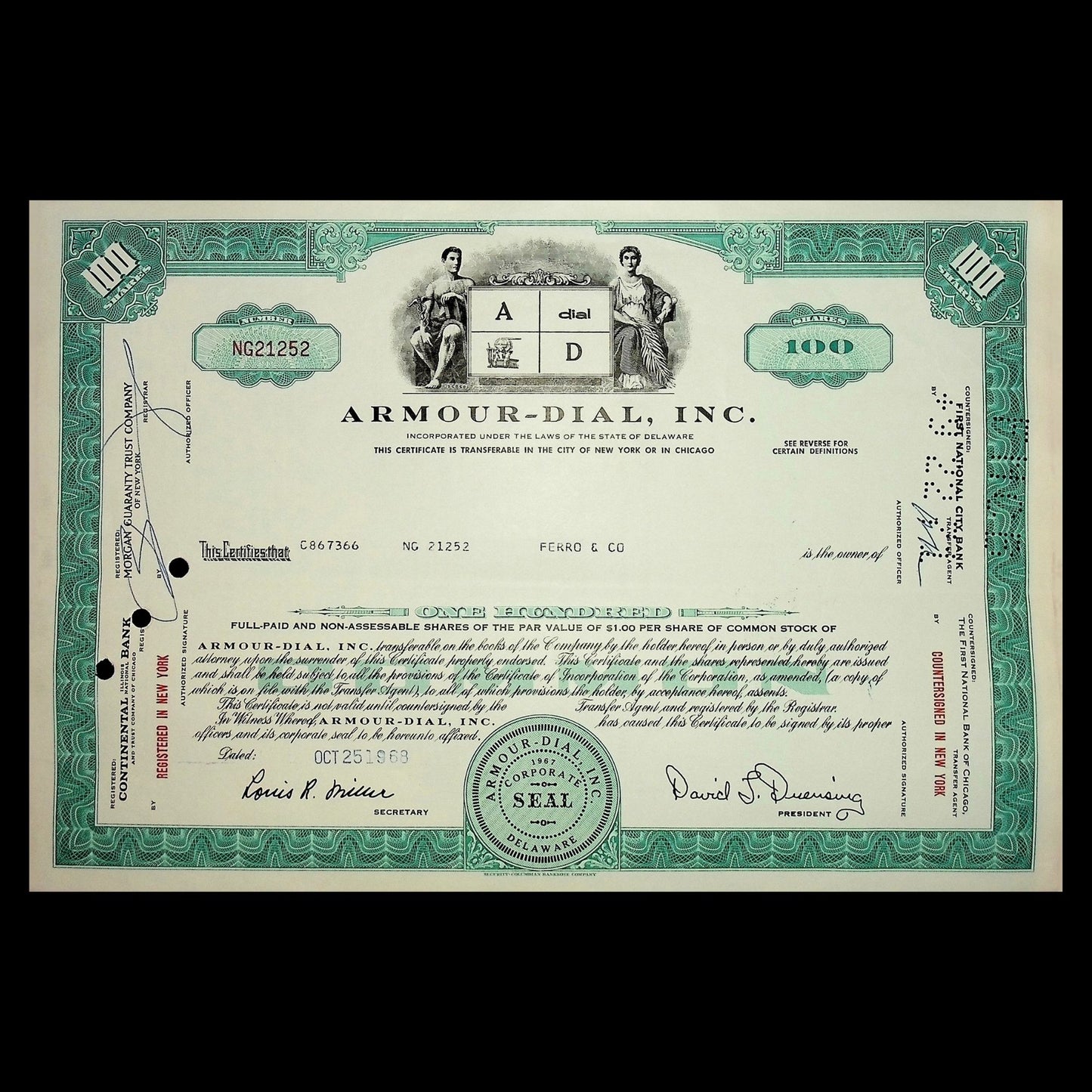 Armor-Dial Inc Stock Certificate from the 1960s