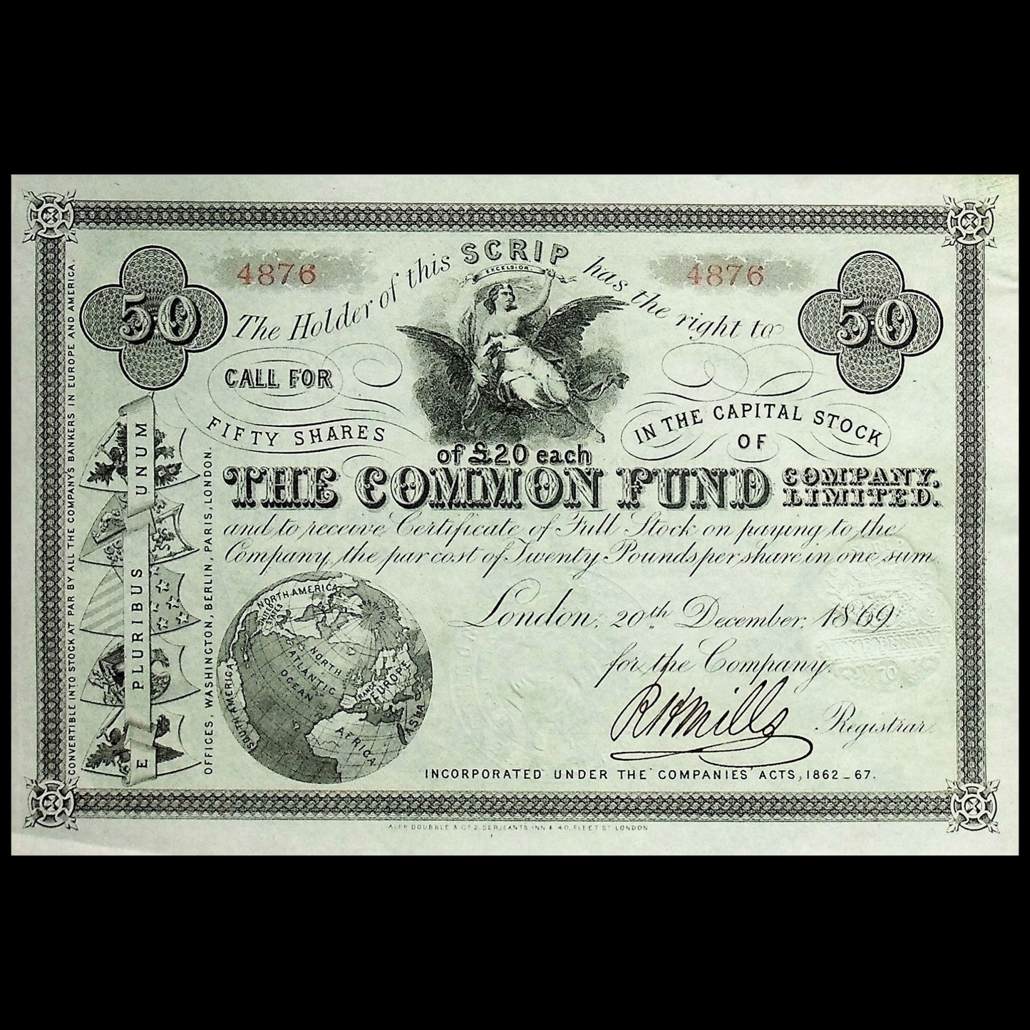 Vintage stock certificate from The Common Fund & Company Limited with decorative elements and text.