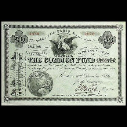 Vintage stock certificate from The Common Fund & Company Limited with decorative elements and text.