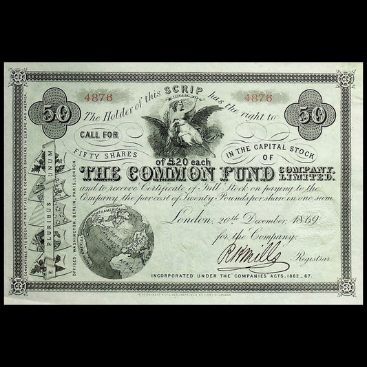 Vintage stock certificate from The Common Fund & Company Limited with decorative elements and text.
