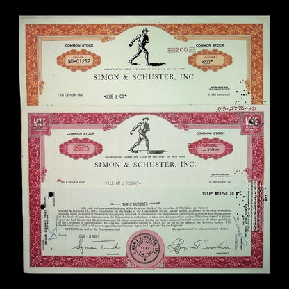 Simon & Schuster Inc (Book Publishers) Stock Certificate from 1970s