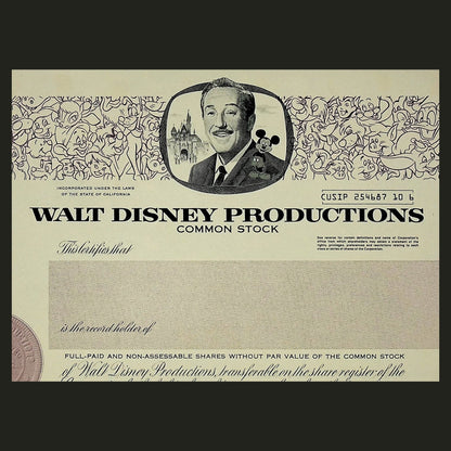 Walt Disney Productions Stock Certificate (Feat Walt & Mickey Mouse) from 1967 - Unissued