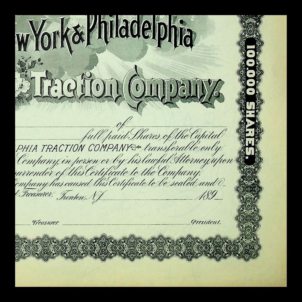 New York & Philadelphia Traction Company 1900s Unissued Stock Certificate