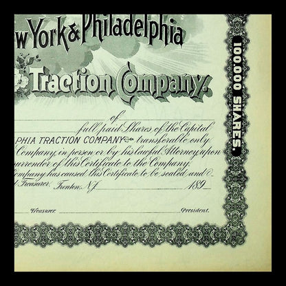 New York & Philadelphia Traction Company 1900s Unissued Stock Certificate