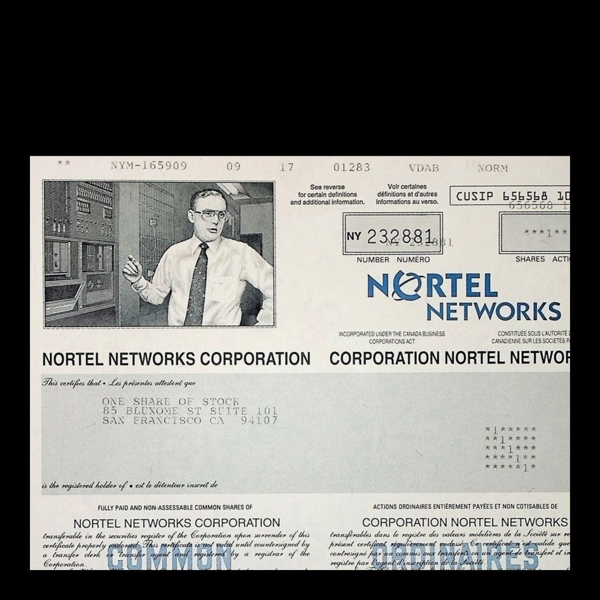 Nortel Networks Corporation Stock Certificate from 2001