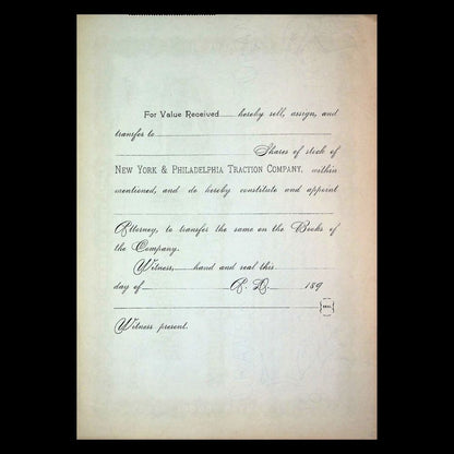 New York & Philadelphia Traction Company 1900s Unissued Stock Certificate