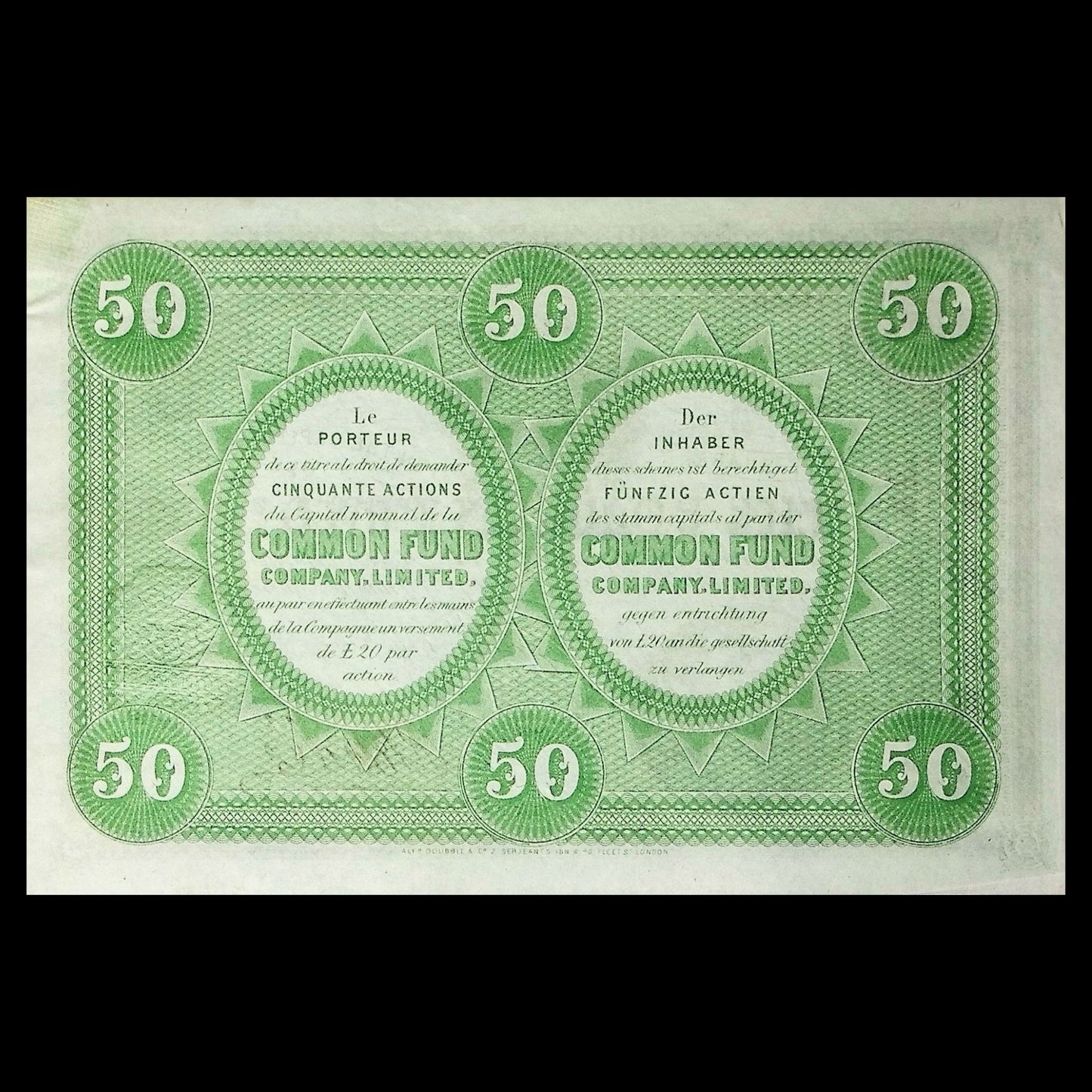 Green stock certificate with 'Common Fund Company Limited' text and number '50'.